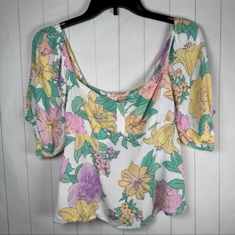 Billabong Floral Cropped Peasant Top Puff Sleeve Flirty Blouse Summer Colorful S